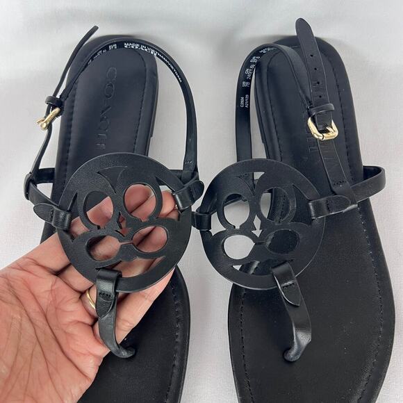 Coach Women's Flat Jaci Logo T-strap Sandals Slingback 7B Black Leather - Picture 2 of 7